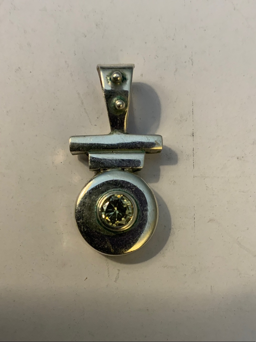 Modern Silver Pendant with Green Center Stone